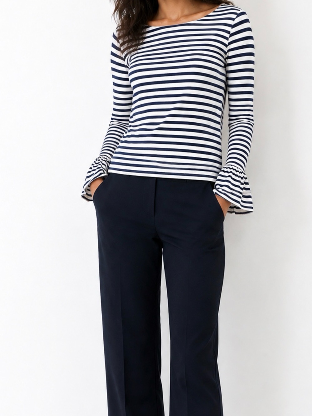 GAP Navy White Striped Ribbed Bell Sleeve Top Long Sleeve Breton Nautical Preppy
